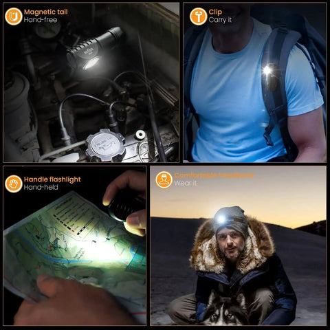 Rechargeable Headlamp HS10 1100 Lumens With 90 CRI LH351D LED in use for camping, running, and work with various hands-free options.