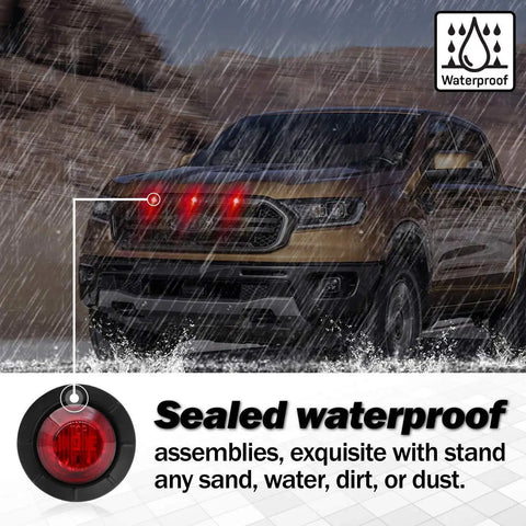 Meerkatt Three Quarters Inch Red LED Side Marker Light on truck in rainy conditions, highlighted, waterproof feature displayed