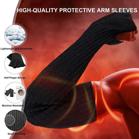 Arm Sleeves With Thumb Hole For Men And Women Cut Resistant Protective Sleeve displayed in black fabric with breathable design.