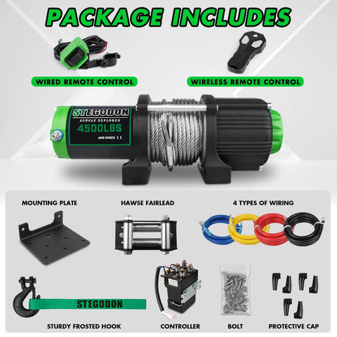 Package contents of 4500 Lb 12V Waterproof Electric Winch For ATV UTV With Steel Cable and accessories displayed.