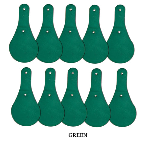 Premium Thick Vegetable Tanned Leather Keychain Blanks in green, teardrop shape, 10 pack, perfect for custom crafts.