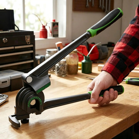 Pumtus 3 In 1 Manual Tube Bender For Copper Pipe 128 Inch And Brass Tubing Bending Tool With Rubber Handle HVAC in use on workbench.
