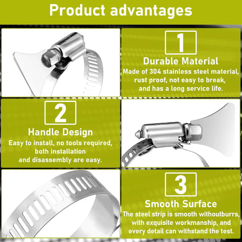 Product advantages of Four Pack 1.5 Inch Stainless Steel Hose Clamps For Pool Filters And Pipes including durable material and handle design.