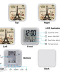 Smooth Operator Led Digital Alarm Clock Featuring Real Time And Room Temp Display, Parisian Crown Cube Frame, Silent Non Ticking Mode, Floral Embossed Panel, Comfy Snooze Switch And Gentle Glow Light For Bedroom - Top, Right, Left, Front, Bottom, and Back views.