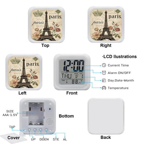 Smooth Operator Led Digital Alarm Clock Featuring Real Time And Room Temp Display, Parisian Crown Cube Frame, Silent Non Ticking Mode, Floral Embossed Panel, Comfy Snooze Switch And Gentle Glow Light For Bedroom - Top, Right, Left, Front, Bottom, and Back views.