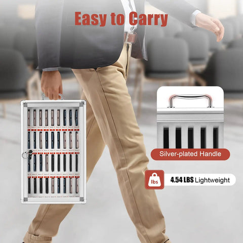Person carrying Built Different 36 Slot Cell Phone Locker With Heavy Duty Aluminum Frame and Secure Lock, easy to transport.