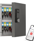 Open 32 Key Lock Box Wall Mount Smart Key Cabinet With One Time Password OTP Offline Access Bluetooth App shown with smartphone app.