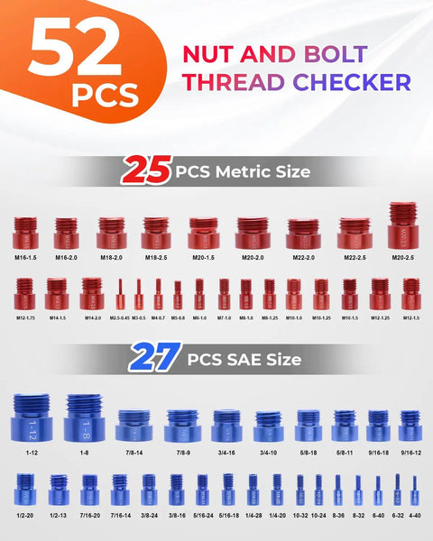 52 Piece Thread Checker Kit With 27 SAE And 25 Metric Gauges Nut And Bolt Thread Gauge And Size Finder display chart