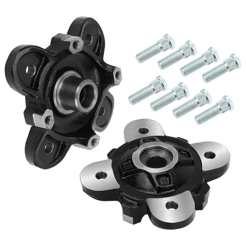 New Badass Front Wheel Hub Assembly With Wheel Studs Pair Ready Fast Swap For Polaris Ranger 570 900 1000 Diesel HST Evo Full Size UTV Off Road Trails, detailing black and silver hub with wheel studs.