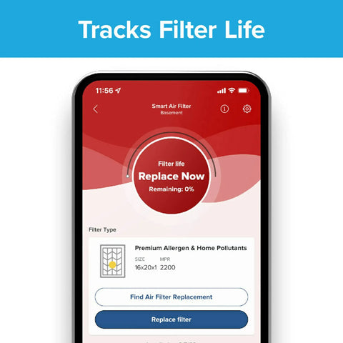 Smartphone screen displaying 16x20x1 Smart Air Filter MPR 2200 MERV 13 Two Pack With Bluetooth Life Tracking For Allergens And Home Pollutants