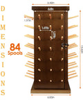 Pretty Slick Wooden 84 Spool Thread Rack With 360 Degree Rotation And Hidden Compartments For Sewing Embroidery Craft Threads Storage Organizer And Needles Bobbins dimensions showing spool placements and measurements.