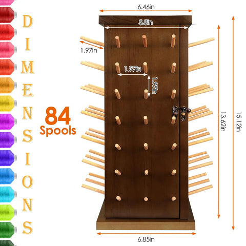 Pretty Slick Wooden 84 Spool Thread Rack With 360 Degree Rotation And Hidden Compartments For Sewing Embroidery Craft Threads Storage Organizer And Needles Bobbins dimensions showing spool placements and measurements.