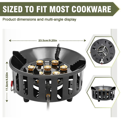 72,000 BTU Propane Burner Outdoor Camp Stove dimensions and multi-angle view