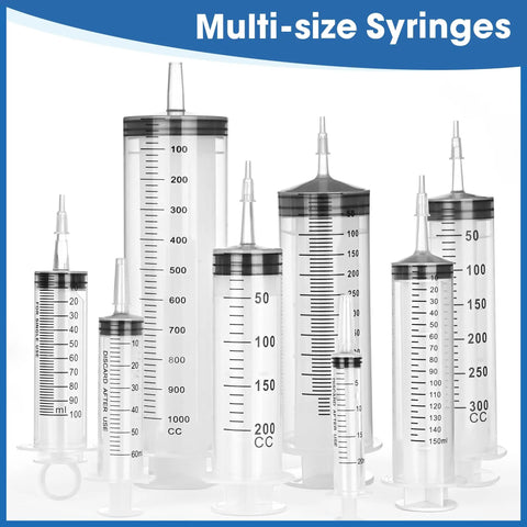 Various sizes of plastic syringes for labs; focus on 60mL Large Plastic Syringe 3 Pack With Adapter For Liquid Transfer Airtight