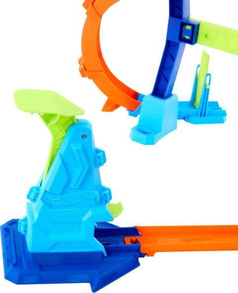 Close-up of Hot Wheels Corkscrew Loop Track Set with vibrant blue and orange snap track and speed launch pad.