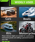 Image showing cars, boats, RVs, motorcycles labeled 'Widely Used', highlighting 12V LED Turn Signal Indicators 2 Pack Waterproof Panel Mount Lights With Left And Right Arrows For Car Dash And Boat Use High Brightness Durable Waterproof Design suitability.