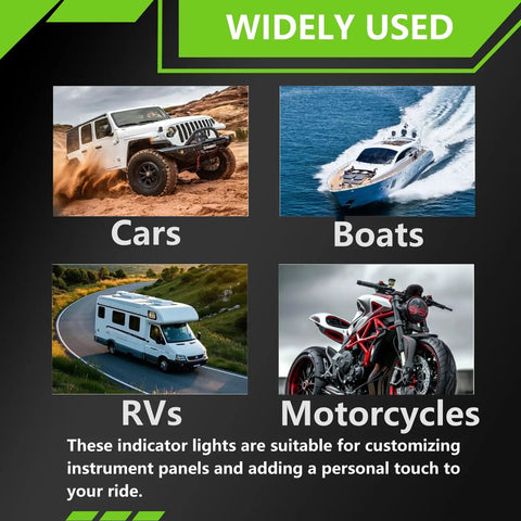 Image showing cars, boats, RVs, motorcycles labeled 'Widely Used', highlighting 12V LED Turn Signal Indicators 2 Pack Waterproof Panel Mount Lights With Left And Right Arrows For Car Dash And Boat Use High Brightness Durable Waterproof Design suitability.