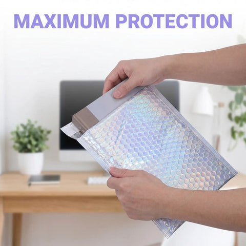 Person sealing glitter bubble mailer at home office; Glitter Bubble Mailers 30 Pack Tear Resistant Shipping Bags For Jewelry Makeup Gifts And Small Items Thick Protective Mailers For Home Office And Small Business