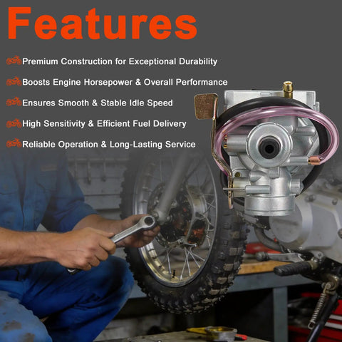 Mechanic installs Carburetor With Air Filter And Fuel Valve Petcock For CRF50F XR50R Z50R Z50A Mini Trail Bikes; feature list shown