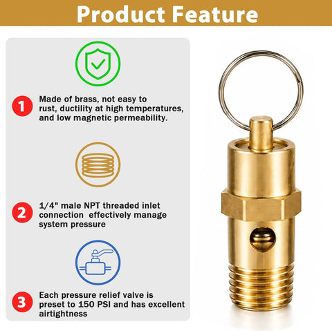 Quarter Inch NPT 200 PSI Brass Air Compressor Pressure Relief Valve Safety Check Valve Vent For Air Systems And Boiler