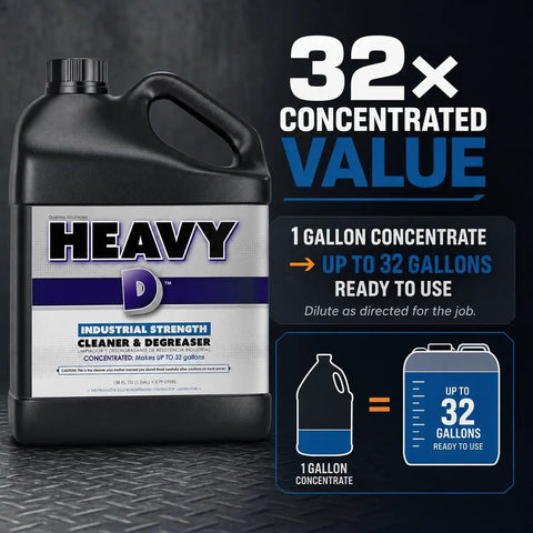 Heavy Lifter Industrial Degreaser Concentrate in gallon container showing 32x concentrated value, ideal for industrial cleaning.