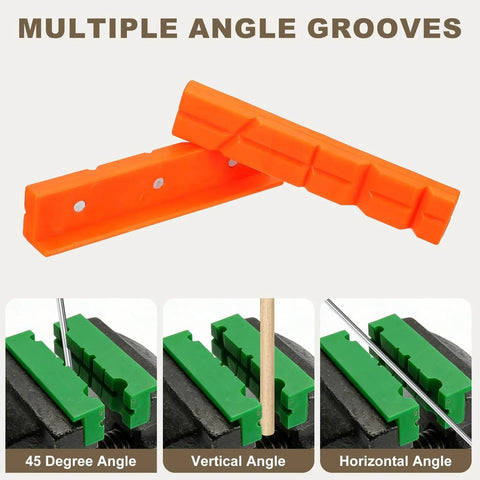 Dual Size 5 Inch And 6 Inch Rubber Magnetic Vise Jaw Pads With V-Shaped Soft Jaws, Orange pads showing multiple angle grooves.