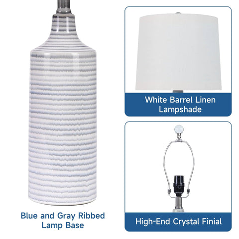 Blue Ceramic Table Lamps Set Of 2 For Nightstand And Living Room, Striped Blue And Gray On Cream Base, 24.25 Inch Tall Modern Bedroom Lighting, close-up of ribbed base and lamp parts