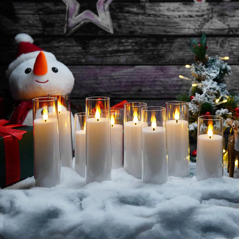 White Flameless Candles With Remote Control And Timer, 9 Piece LED Pillar Candle Set on snowy festive table decor