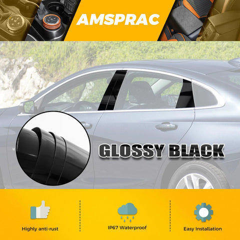 AMSPRAC door pillar covers for Chevrolet Malibu (2016–2021), glossy black, 6pcs exterior moldings