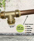 Three Quarter Inch Pex Tee Push Fit Plumbing Fitting Brass Push To Connect 12 Pack For PEX Copper CPVC And PERT Pipes Quick Easy Install Lead Free Brass Construction For Durable Water Line Projects shown with copper pipe connected.
