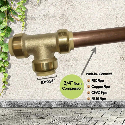 Three Quarter Inch Pex Tee Push Fit Plumbing Fitting Brass Push To Connect 12 Pack For PEX Copper CPVC And PERT Pipes Quick Easy Install Lead Free Brass Construction For Durable Water Line Projects shown with copper pipe connected.