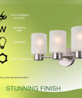 Three Light Brushed Nickel Bathroom Vanity Light Fixture With Frosted Seeded Glass No Fuss Install Wall Sconce For Damp Locations Bulbs Not Included Modern Farmhouse Look shown against green background with specs