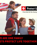 Protect Life first aid kit banner with a smiling family outdoors