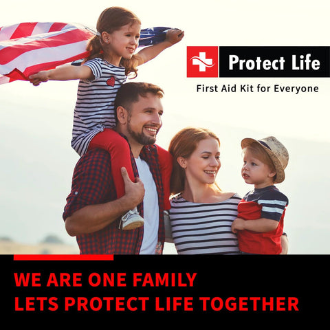 Protect Life first aid kit banner with a smiling family outdoors