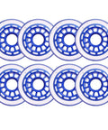 8-pack of blue 76mm 78A inline skate wheels for indoor hockey with 12-spoke core, shown in closeup, delivering smooth rolling and fast turnarounds.