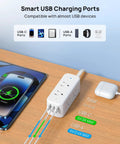Flat Plug Power Strip With 10ft Ultra Thin Flat Cord, 6 Widely Spaced Outlets, 3 USB Ports, Wall Mountable, 1440J Surge Protector