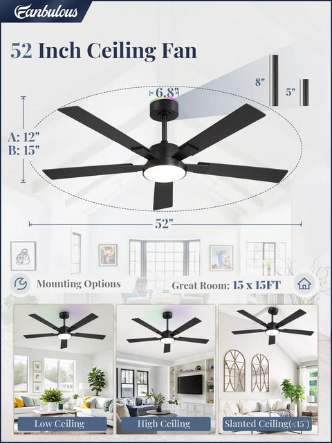 Modern 52 Inch Smart Ceiling Fan Provides Super Chill Airflow And Bright Dimmable Led Lighting Seamless Alexa And Google Assistant Sync No Sweat Assembly For Cozy Vibes Daily mounted in various ceiling heights.
