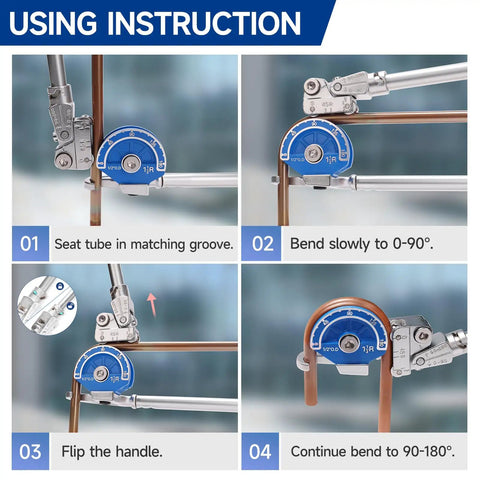 Using instruction for 1/2 Inch Od 180 Degree Roller Tubing Bender For Copper Pipe with smooth ball bearing rollers.