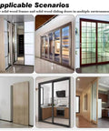 Six different sliding door installations in residential settings, showcasing aluminum and wood designs for closets and room dividers.