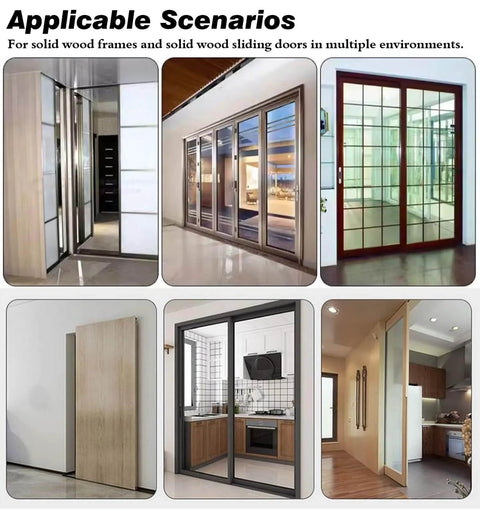Six different sliding door installations in residential settings, showcasing aluminum and wood designs for closets and room dividers.