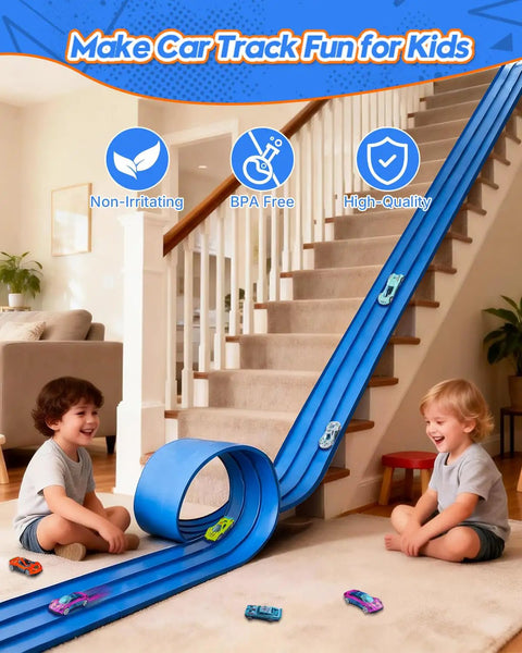 Children playing with Three Lane Flex Track Race Set, 15 Ft Portable DIY Racetrack with six diecast cars, 1 64th scale compatible.