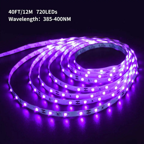 40ft Flexible UV Black Light Strip With LED Kit, glowing purple LEDs, 720 lamp beads, self-adhesive, indoor party decor