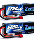 7.4V 5200mAh 2S 50C LiPo Battery with Hard Case and T Connector for RC Cars Trucks One Eighth and One Tenth Scale Vehicles Dual Pack