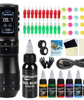 Wireless Tattoo Pen Kit With 2000mAh Cordless Battery Pro Style Practice Set Including 20 Cartridges, 6 Color Inks Plus 1 Oz Black Ink
