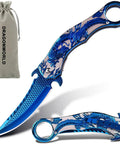 Folding Pocket Knife For Men With 3D Dragon Embossed Handle Beefy 440 Stainless Steel Blade Titanium Plated Finish Outdoor Survival Gear For Camping And Hiking Everyday Carry Blue with pouch