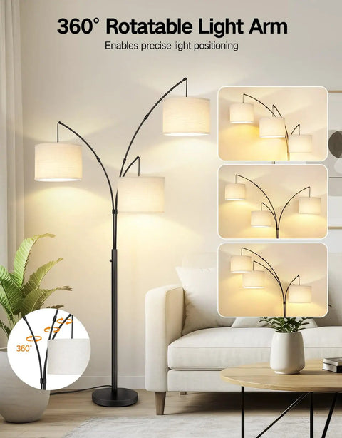 Arc LED Floor Lamp With Three Light Heads, 81 Inch Tall Black Modern Standing Lamp With White Shade, 2400 Lumens in living room