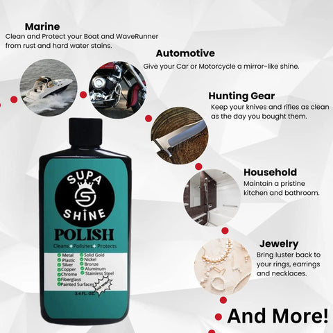 Image of Supa Shine Polish, showcasing its use for marine, automotive, hunting, household, and jewelry cleaning applications.