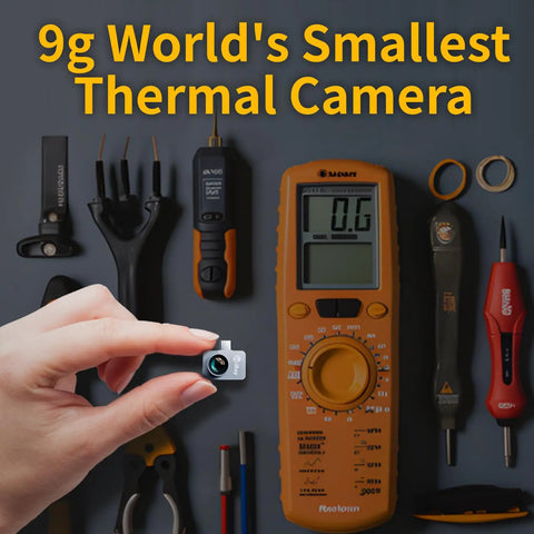 Hand holding Pro Grade Infrared Thermal Camera For Android Type-C With Magnetic Macro Lens, 9G All Metal Housing, tools visible