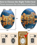 Elongated Toilet Seat for Bathroom illustration showing dimensions of 14.5" x 18.5" and fitting guide for toilets.