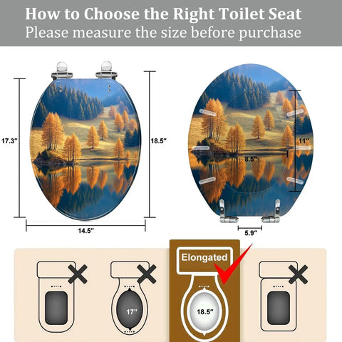 Elongated Toilet Seat for Bathroom illustration showing dimensions of 14.5" x 18.5" and fitting guide for toilets.